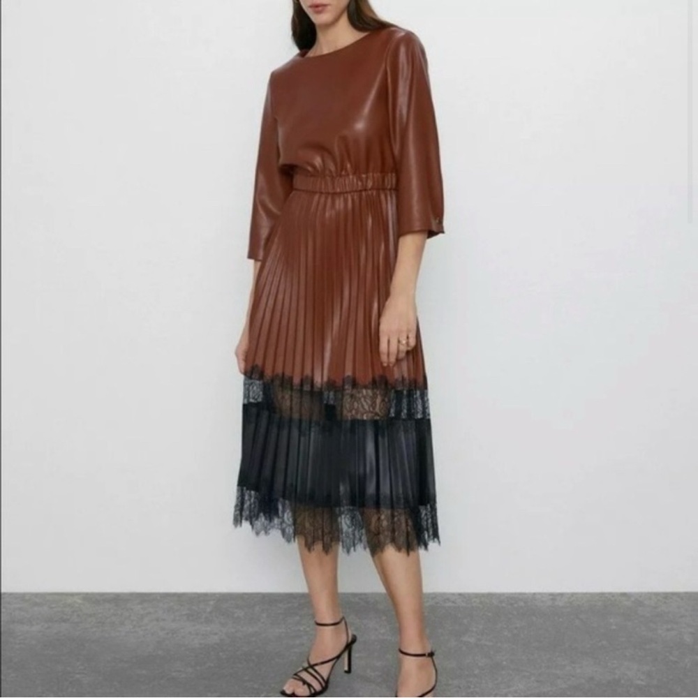 Zara Midi Faux Leather and Lace Dress (Brown & Black) Mid-Calf Length